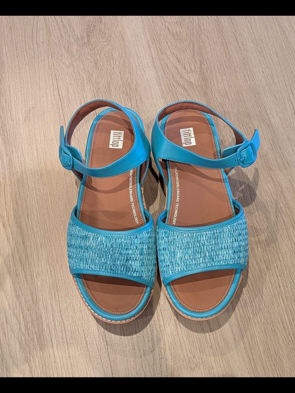 FitFlop Eloise Tahiti Blue Leather & Rafia Sandals